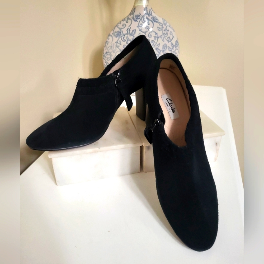 Clarks Black Heeled Boots with Suede Elegance
